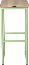 Load image into Gallery viewer, Sage green metal stool with whitewash stain ash wood made in UK - back view round frame
