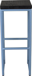 Shaker blue metal stool with black stain ash wood made in UK - front view round frame