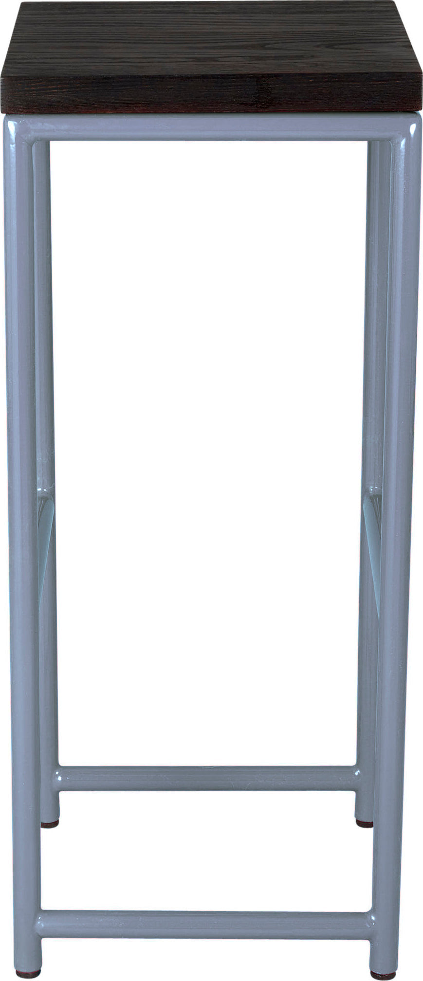 Shaker blue metal stool with black stain ash wood made in UK - side view round frame