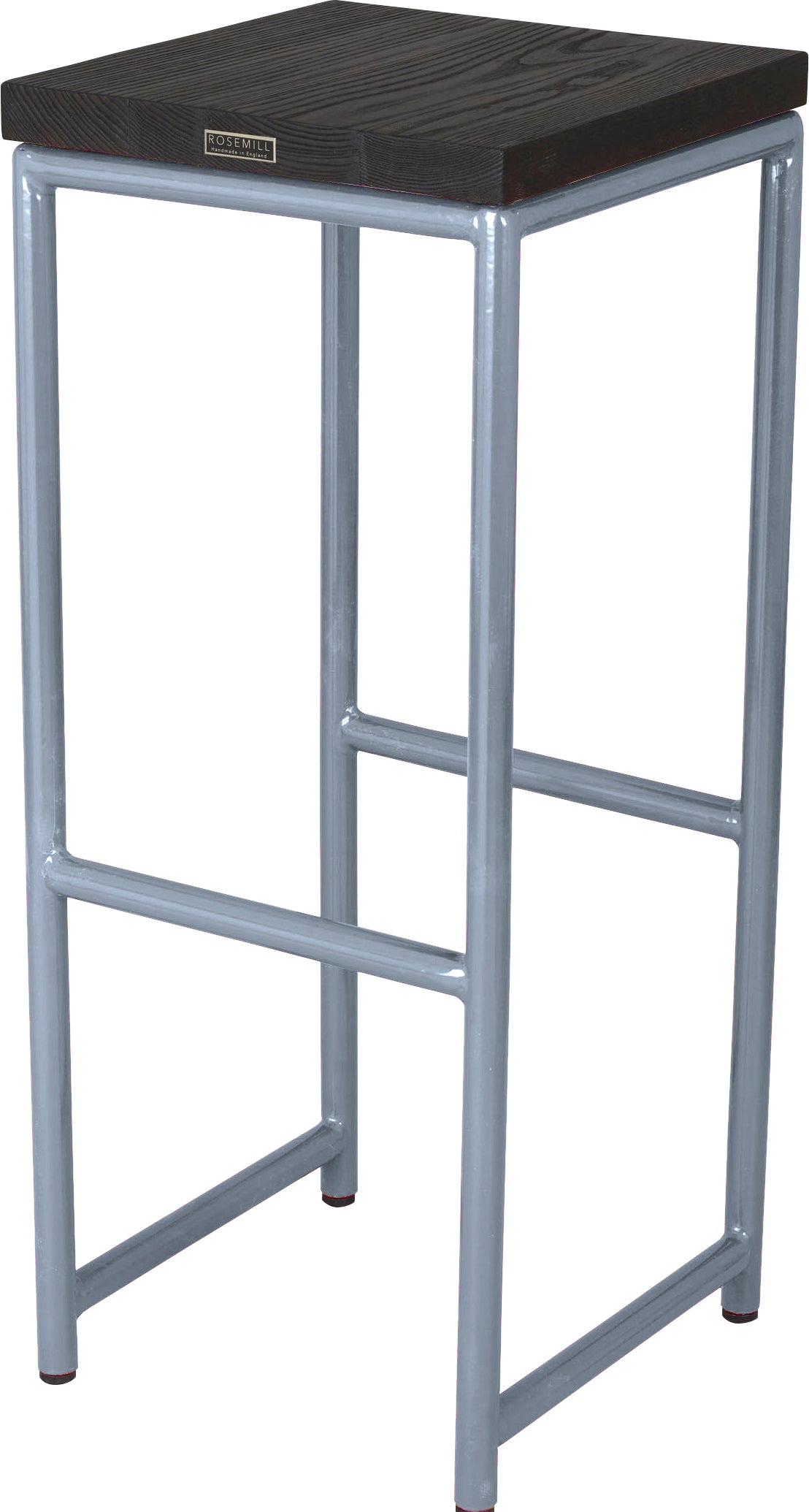 Shaker blue metal stool with black stain ash wood made in UK - back side view round frame