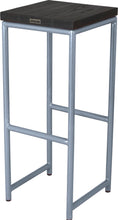 Load image into Gallery viewer, Shaker blue metal stool with black stain ash wood made in UK - back side view round frame
