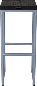Shaker blue metal stool with black stain ash wood made in UK - back view round frame