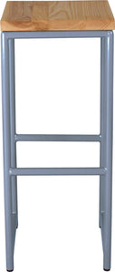 Shaker blue metal stool with natural stain ash wood made in UK - front view round frame