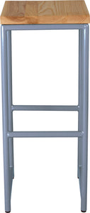 Shaker blue metal stool with natural stain ash wood made in UK - front view round frame