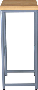 Shaker blue metal stool with natural stain ash wood made in UK - side view round frame