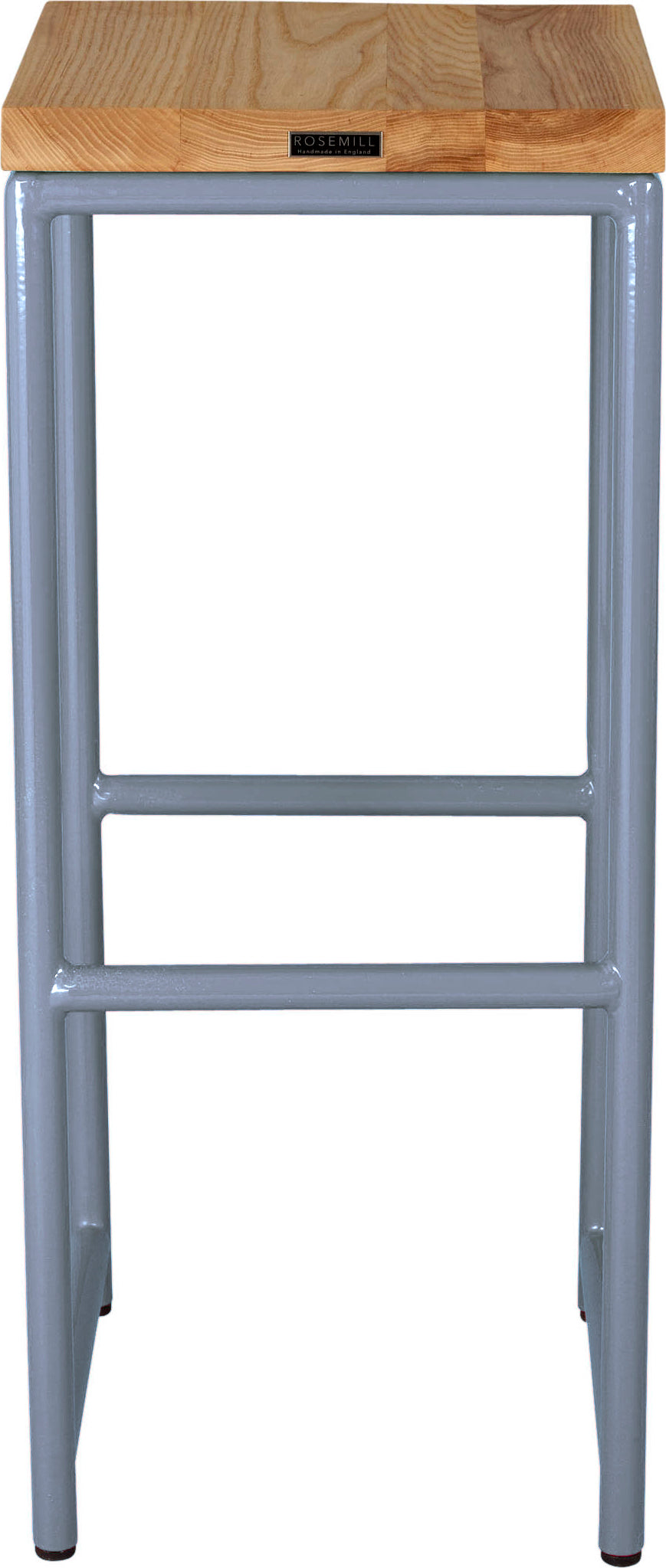 Shaker blue metal stool with natural stain ash wood made in UK - back view round frame