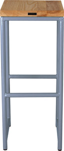 Shaker blue metal stool with natural stain ash wood made in UK - back view round frame