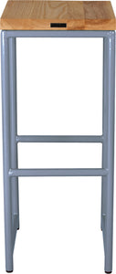 Shaker blue metal stool with natural stain ash wood made in UK - back view round frame