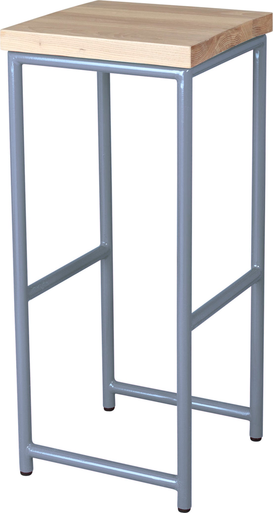 Shaker blue metal stool with whitewash stain ash wood made in UK - angle view round frame