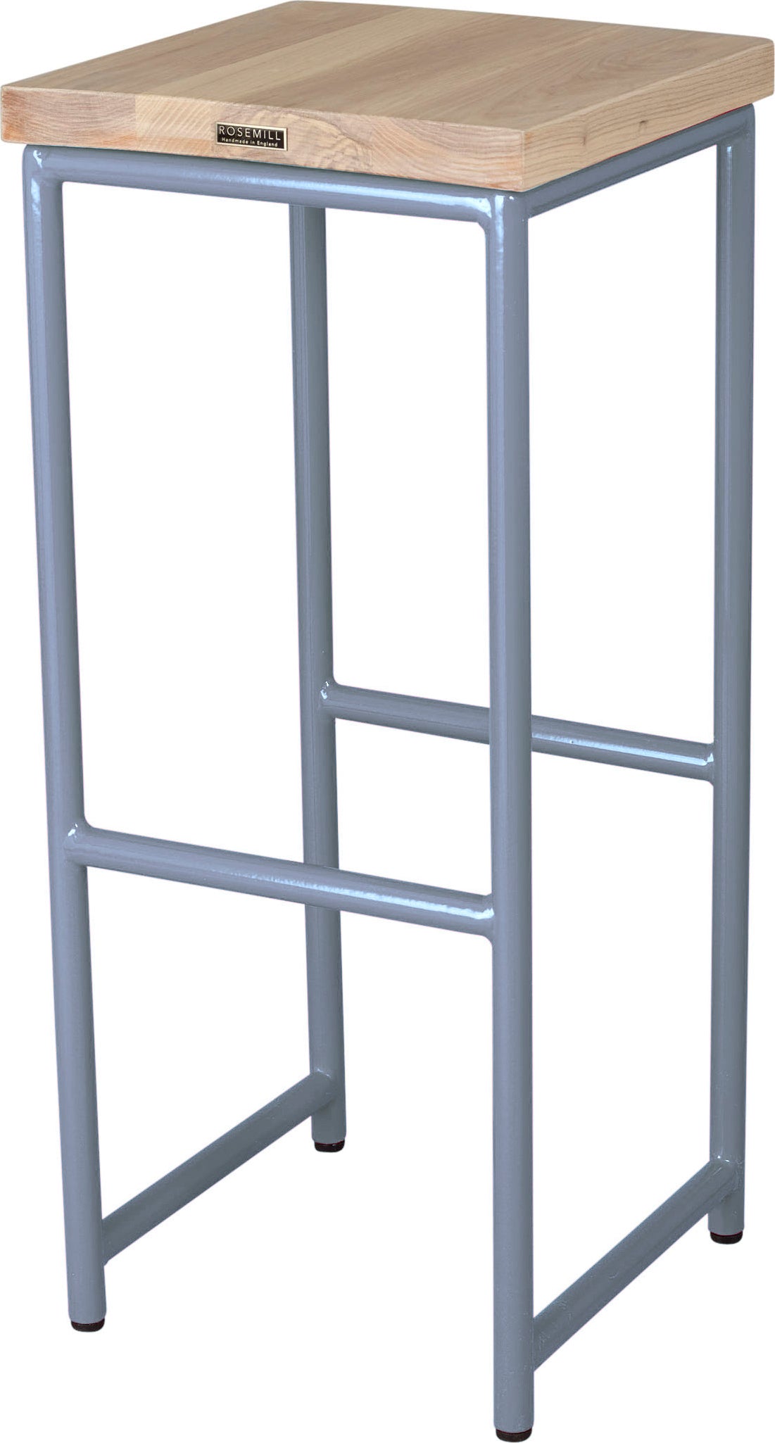 Shaker blue metal stool with whitewash stain ash wood made in UK - back side view round frame