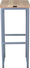 Load image into Gallery viewer, Shaker blue metal stool with whitewash stain ash wood made in UK - back view round frame
