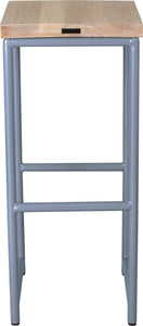 Shaker blue metal stool with whitewash stain ash wood made in UK - back view round frame