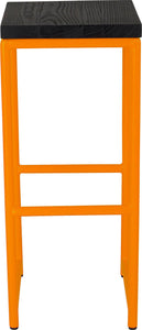 Orange metal stool with black stain ash wood made in UK - front view round frame