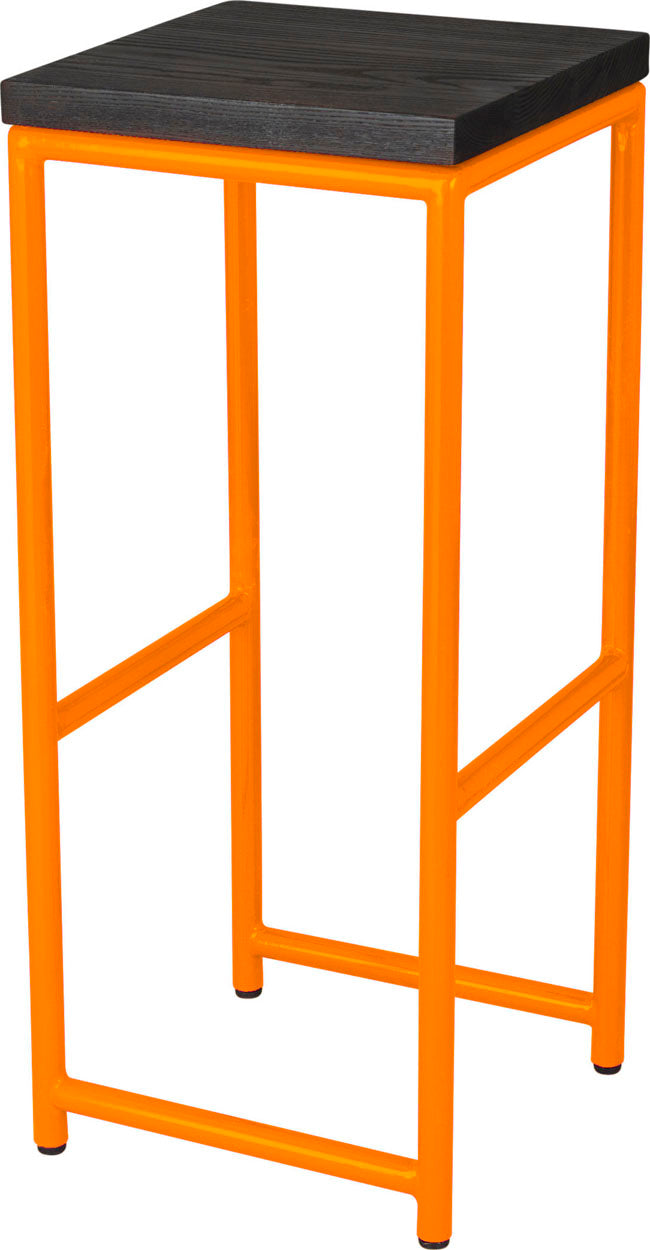 Orange metal stool with black stain ash wood made in UK - angle view round frame