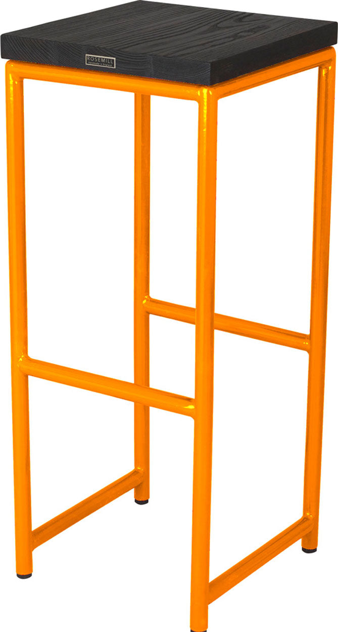 Orange metal stool with black stain ash wood made in UK - back side view round frame