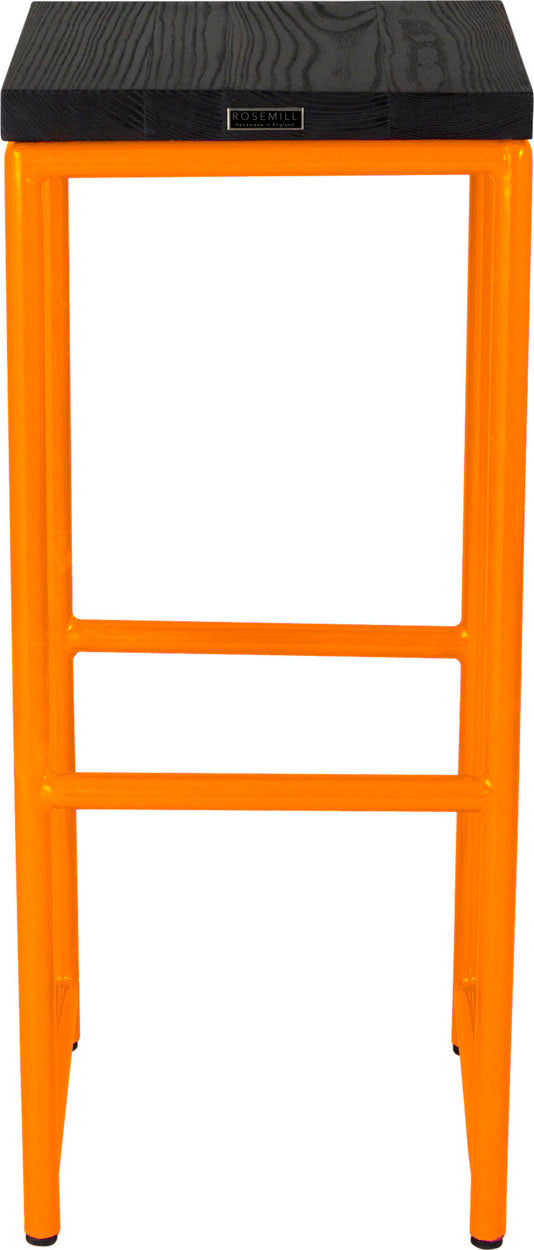 Orange metal stool with black stain ash wood made in UK - back view round frame