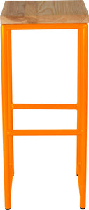 Orange metal stool with natural stain ash wood made in UK - front view round frame