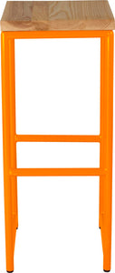 Orange metal stool with natural stain ash wood made in UK - front view round frame