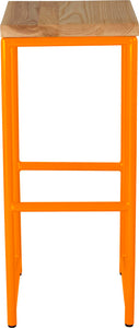 Orange metal stool with natural stain ash wood made in UK - front view round frame