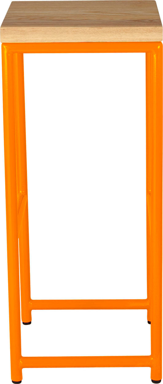 Orange metal stool with natural stain ash wood made in UK - side view round frame