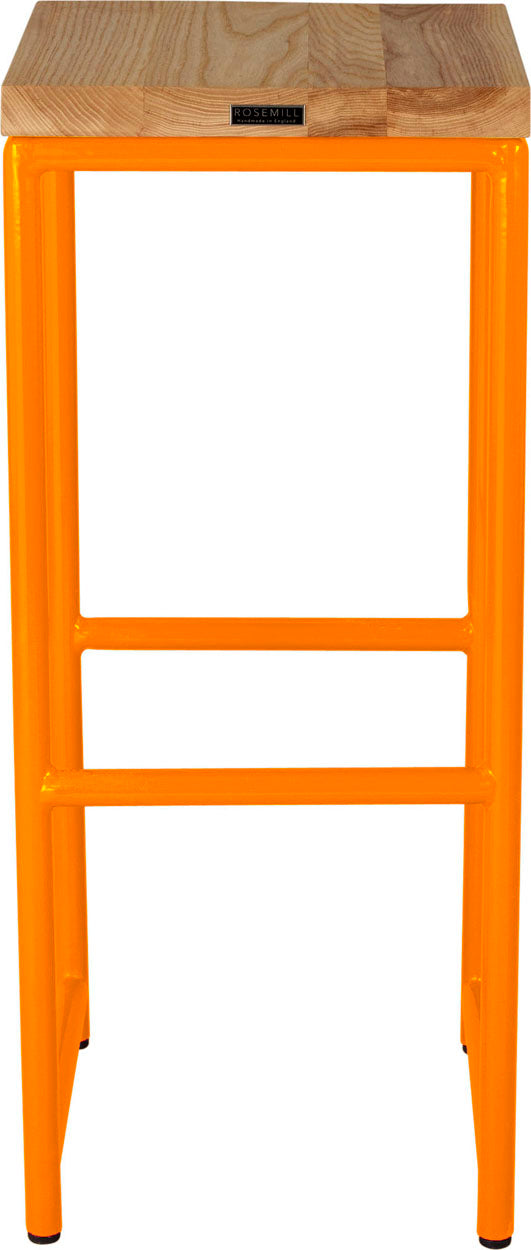 Orange metal stool with natural stain ash wood made in UK - back view round frame