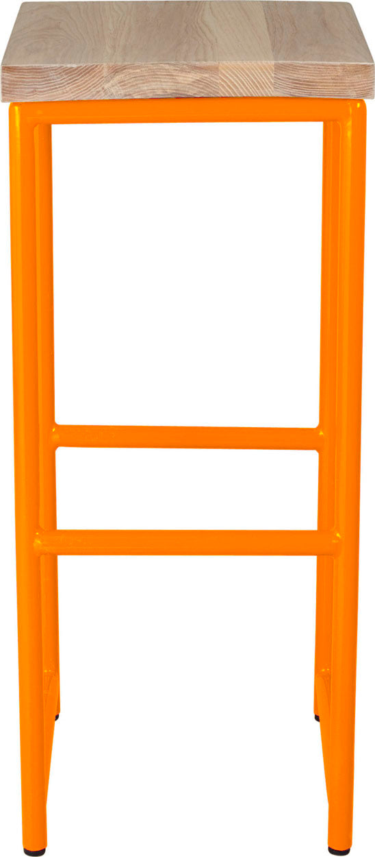 Orange metal stool with whitewash stain ash wood made in UK - front view round frame