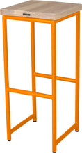 Load image into Gallery viewer, Orange metal stool with whitewash stain ash wood made in UK - back side view round frame

