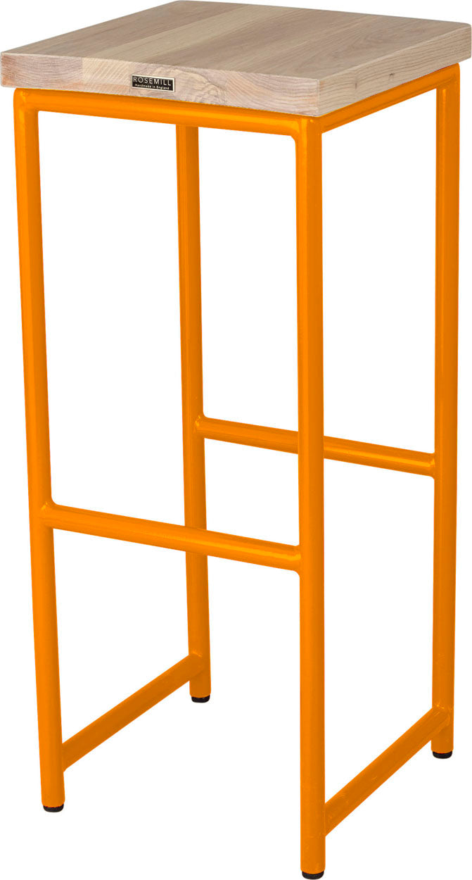 Orange metal stool with whitewash stain ash wood made in UK - back side view round frame