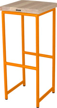 Load image into Gallery viewer, Orange metal stool with whitewash stain ash wood made in UK - back side view round frame
