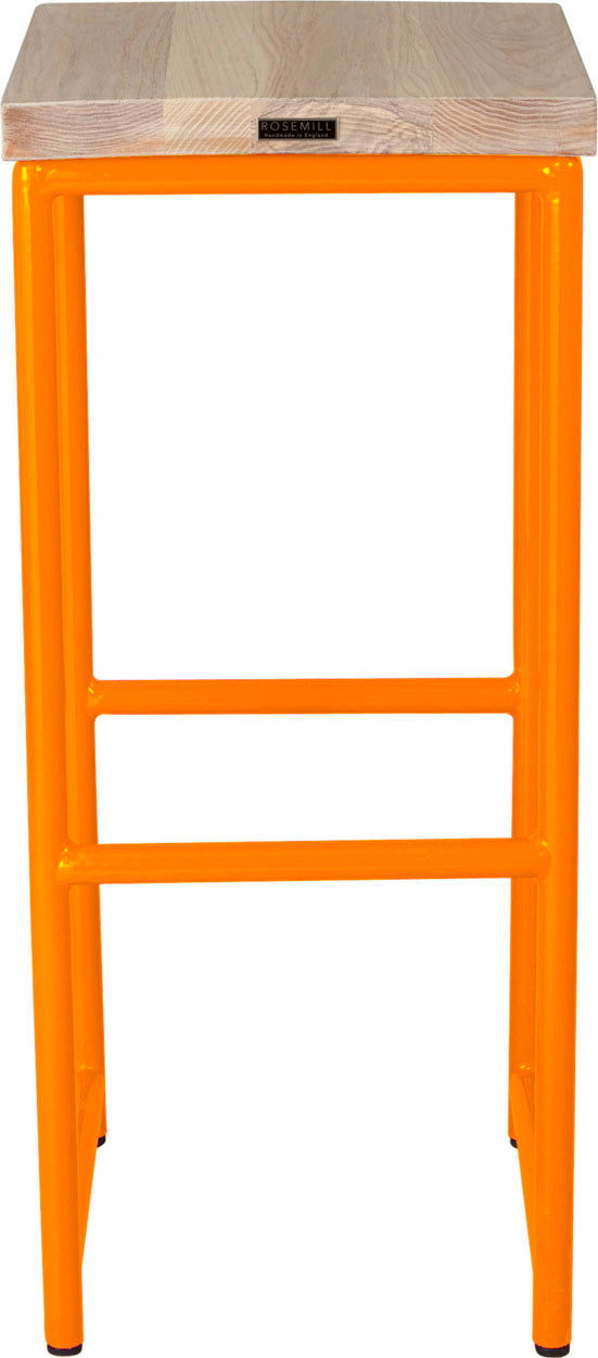Orange metal stool with whitewash stain ash wood made in UK - back view round frame