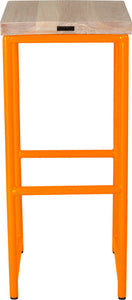 Orange metal stool with whitewash stain ash wood made in UK - back view round frame