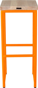 Orange metal stool with whitewash stain ash wood made in UK - back view round frame