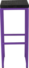 Load image into Gallery viewer, Purple metal stool with black stain ash wood made in UK - front view round frame
