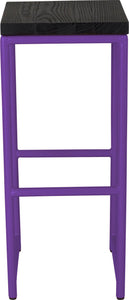 Purple metal stool with black stain ash wood made in UK - front view round frame