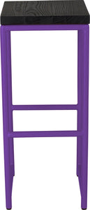 Purple metal stool with black stain ash wood made in UK - front view round frame