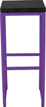 Load image into Gallery viewer, Purple metal stool with black stain ash wood made in UK - front view round frame
