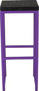 Purple metal stool with black stain ash wood made in UK - front view round frame
