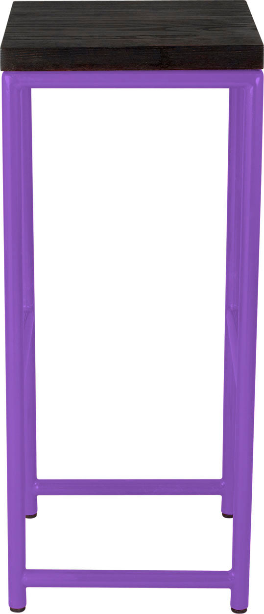 Purple metal stool with black stain ash wood made in UK - side view round frame