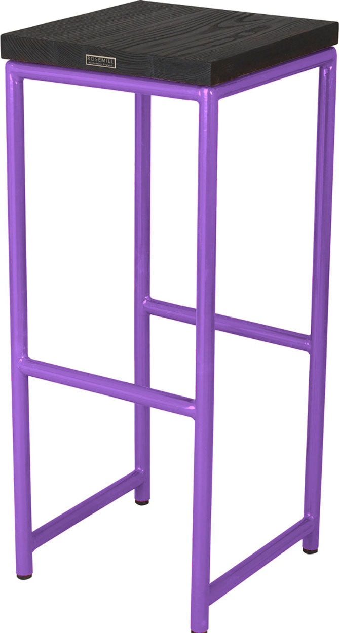 Purple metal stool with black stain ash wood made in UK - back side view round frame