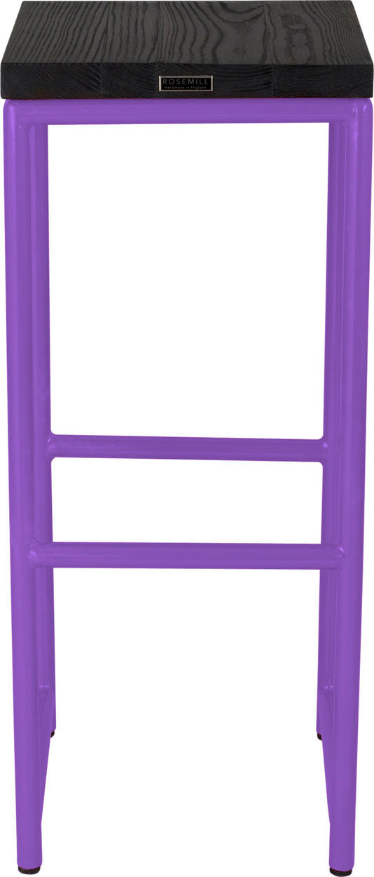Purple metal stool with black stain ash wood made in UK - back view round frame
