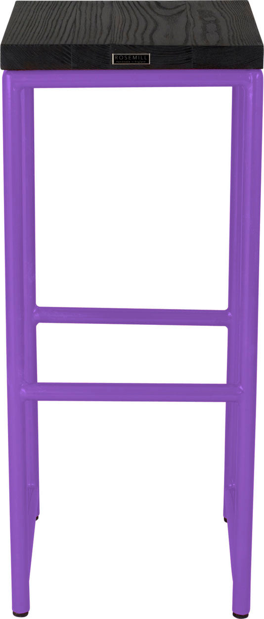 Purple metal stool with black stain ash wood made in UK - back view round frame