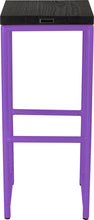 Load image into Gallery viewer, Purple metal stool with black stain ash wood made in UK - back view round frame
