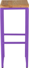 Load image into Gallery viewer, Purple metal stool with natural stain ash wood made in UK - front view round frame
