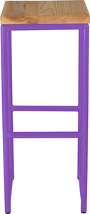 Purple metal stool with natural stain ash wood made in UK - front view round frame