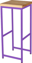 Load image into Gallery viewer, Purple metal stool with natural stain ash wood made in UK - angle view round frame

