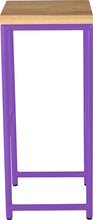 Load image into Gallery viewer, Purple metal stool with natural stain ash wood made in UK - side view round frame
