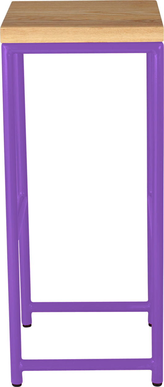 Purple metal stool with natural stain ash wood made in UK - side view round frame