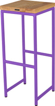 Load image into Gallery viewer, Purple metal stool with natural stain ash wood made in UK - back side view round frame
