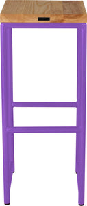 Purple metal stool with natural stain ash wood made in UK - back view round frame