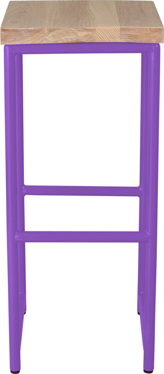 Purple metal stool with whitewash stain ash wood made in UK - front view round frame